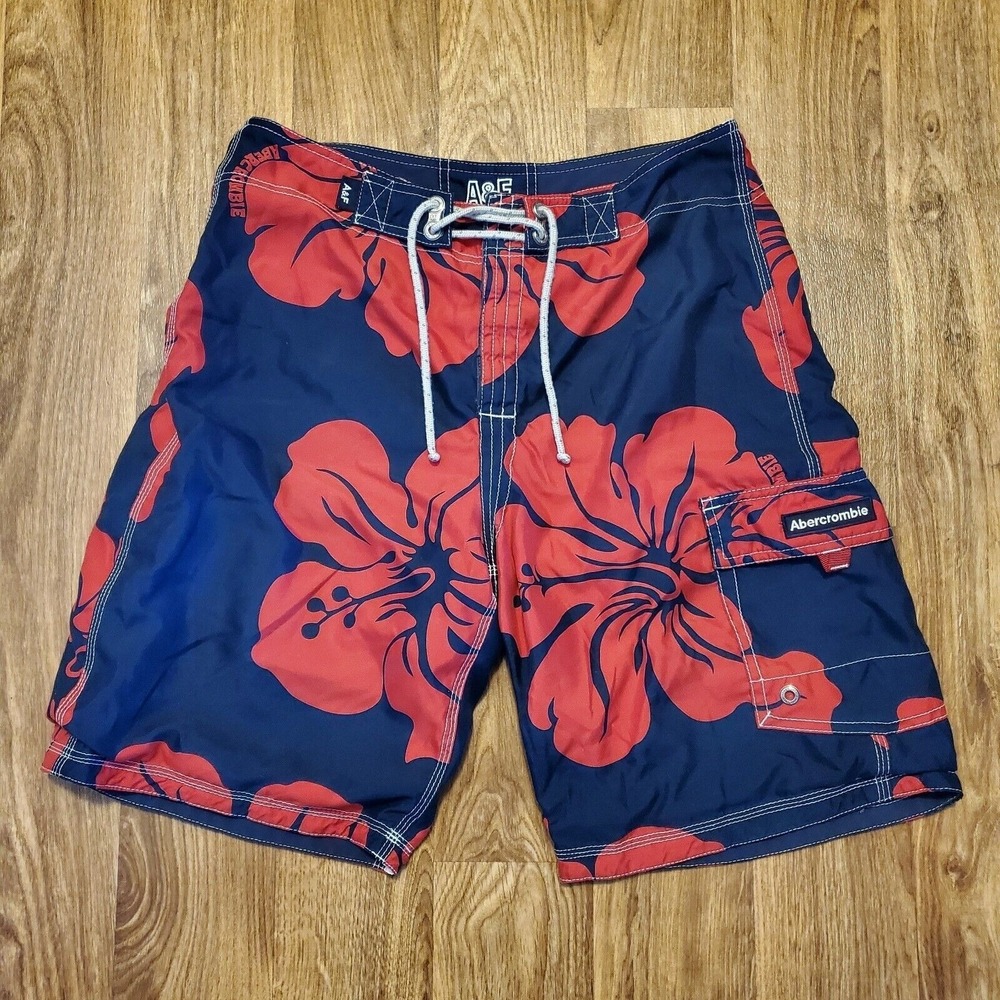 Abercrombie‎ Swim Board Shorts Men 31 X 10 Blue Red Floral Hawaiian Reversible